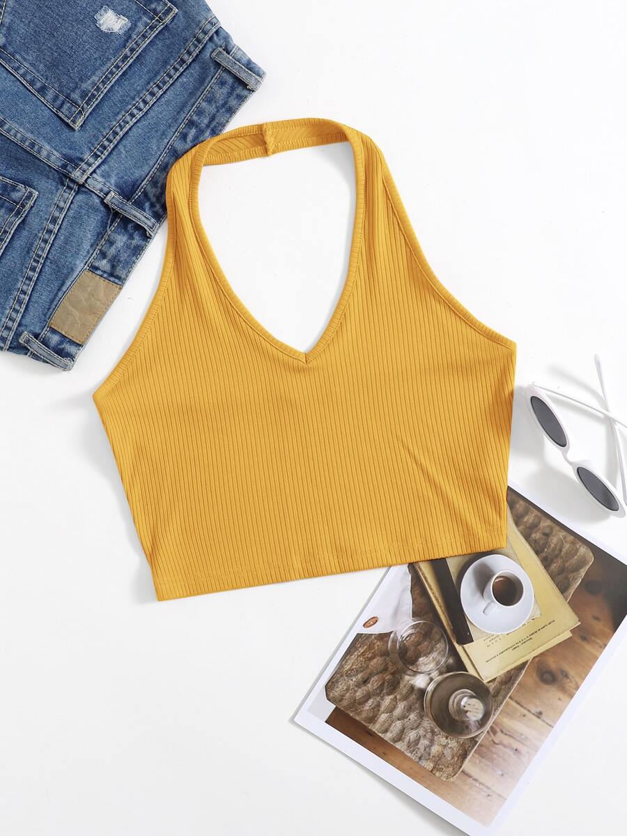 SHEIN EZwear Rib-Knit Crop Halter Top - Mustard Yellow - View 1