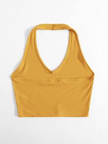 SHEIN EZwear Rib-Knit Crop Halter Top - Mustard Yellow - View 2