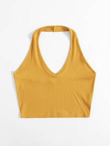 SHEIN EZwear Rib-Knit Crop Halter Top - Mustard Yellow - View 3