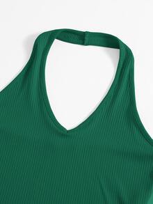 SHEIN EZwear Rib-Knit Crop Halter Top - Green - View 5