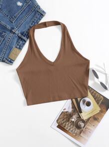 SHEIN EZwear Áo hai dây Gân đan màu trơn Gợi cảm - Cà phê nâu - Xem 1