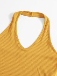 SHEIN EZwear Rib-Knit Crop Halter Top - Mustard Yellow - View 5