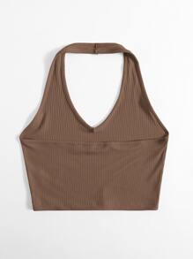 SHEIN EZwear Áo hai dây Gân đan màu trơn Gợi cảm - Cà phê nâu - Xem 2