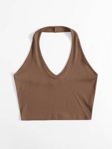 SHEIN EZwear Áo hai dây Gân đan màu trơn Gợi cảm - Cà phê nâu - Xem 3