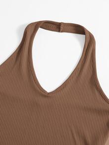 SHEIN EZwear Áo hai dây Gân đan màu trơn Gợi cảm - Cà phê nâu - Xem 5
