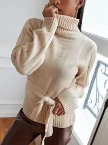 SHEIN 素色高領腰帶套頭毛衣 - 杏色 - 查看 1
