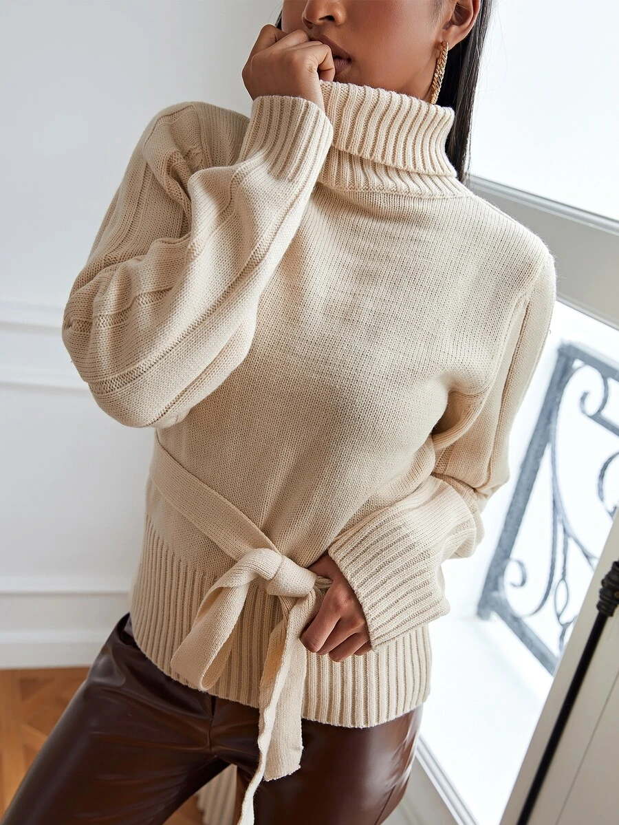 SHEIN 素色高領腰帶套頭毛衣 - 杏色 - 查看 1