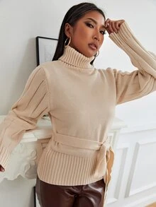 SHEIN 素色高領腰帶套頭毛衣 - 杏色 - 查看 3