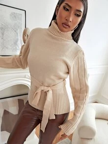 SHEIN 素色高領腰帶套頭毛衣 - 杏色 - 查看 4