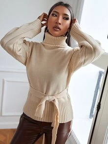 SHEIN 素色高領腰帶套頭毛衣 - 杏色 - 查看 6