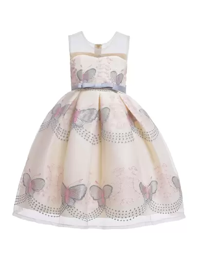 Tween女孩用蝴蝶和空心設計的正式禮服，採用緞面材料製成，優雅而簡約，適合校園演出