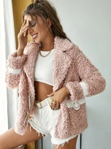 SHEIN Lapel Collar Contrast Tape Ring Coat - Dusty Pink - View 1