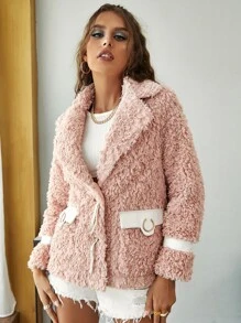 SHEIN Lapel Collar Contrast Tape Ring Coat - Dusty Pink - View 5