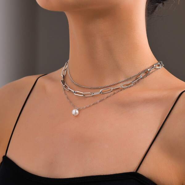 

Faux Pearl Pendant Layered Necklace, Silver