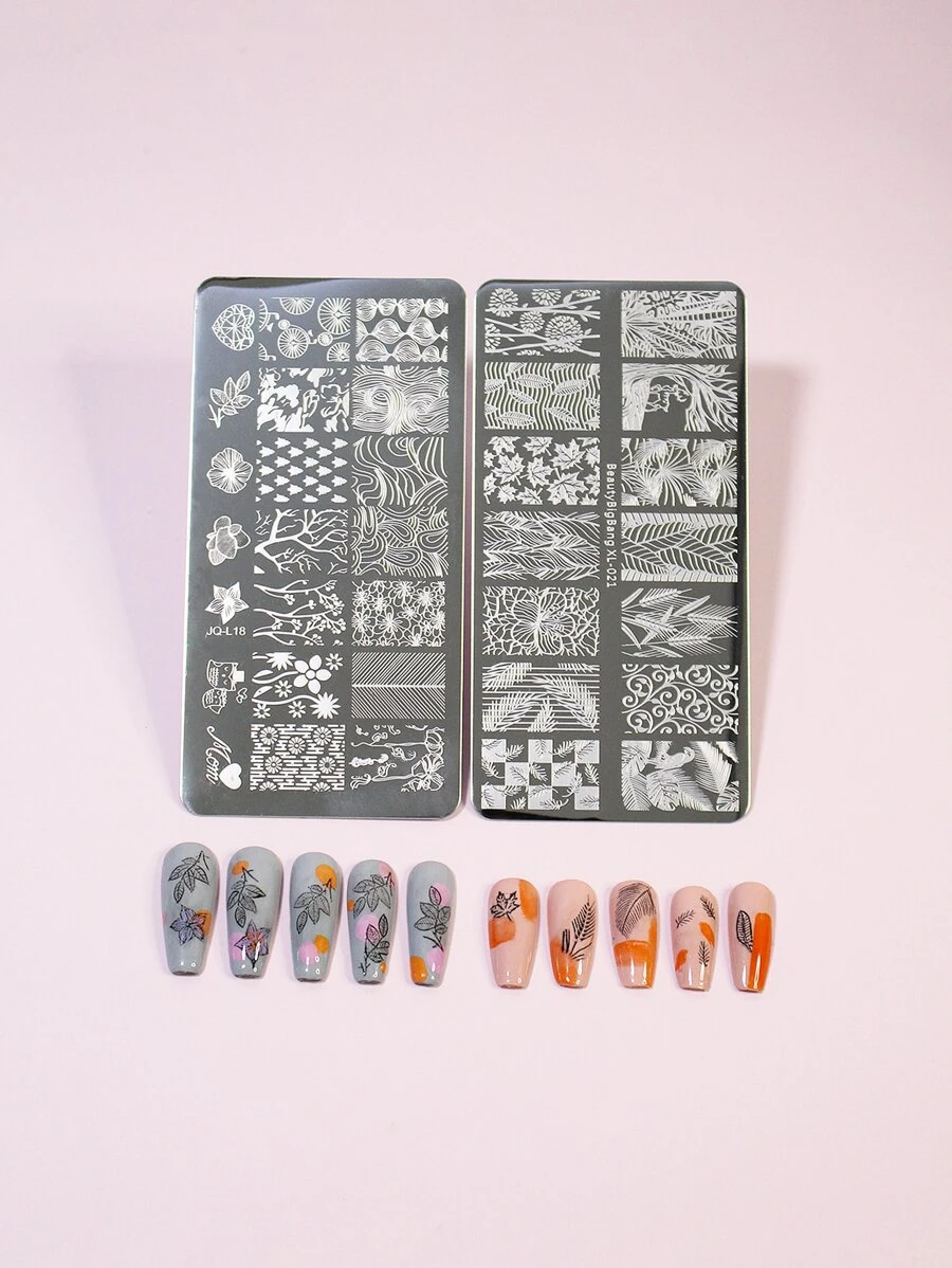 可重複使用美甲模版-2入組不銹鋼樹葉模板適合女士和女孩 - 彩色 - 查看 1