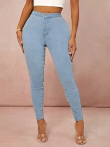 SHEIN SXY 高腰緊身牛仔褲 - 淺色水洗藍 - 查看 1