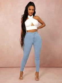 SHEIN SXY 高腰緊身牛仔褲 - 淺色水洗藍 - 查看 3