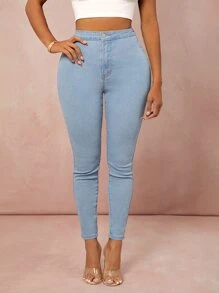 SHEIN SXY 高腰緊身牛仔褲 - 淺色水洗藍 - 查看 5