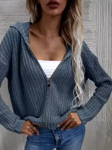 SHEIN LUNE Hooded Zip Front Cardigan - Dusty Blue - View 1
