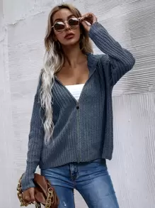 SHEIN LUNE Hooded Zip Front Cardigan - Dusty Blue - View 5
