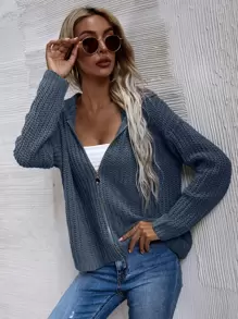 SHEIN LUNE Hooded Zip Front Cardigan - Dusty Blue - View 6
