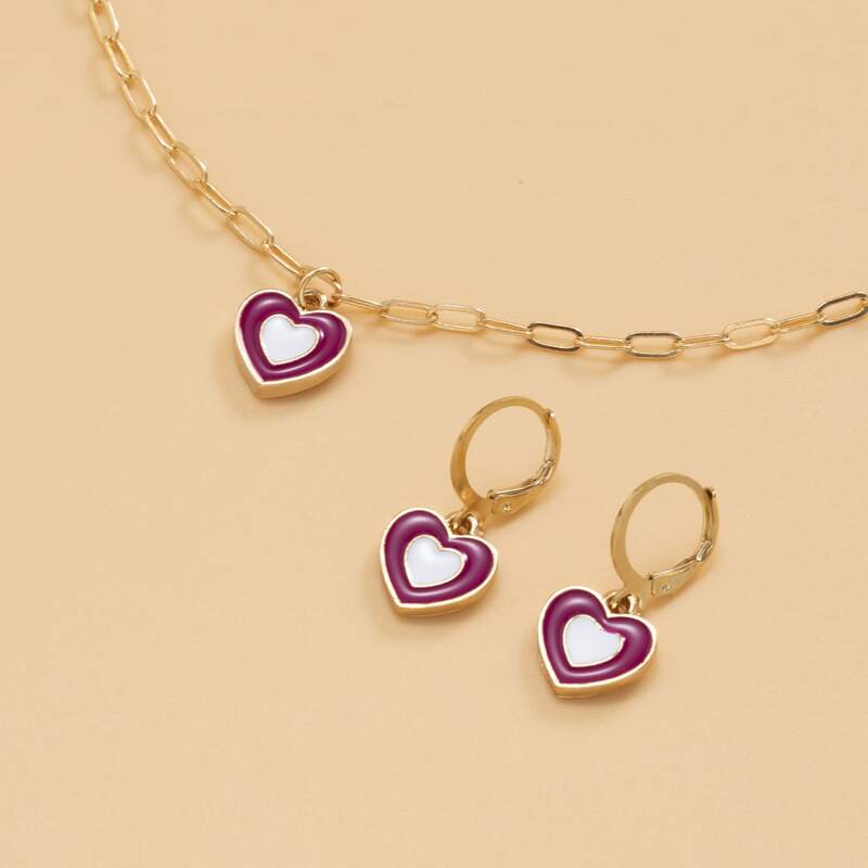 

Heart Decor Chain Necklace & Earrings, Purple