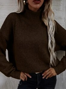 SHEIN LUNE Jersey de cuello cisne de hombros caídos - Marrón Chocolate - Ver 2