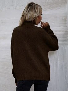 SHEIN LUNE Jersey de cuello cisne de hombros caídos - Marrón Chocolate - Ver 3