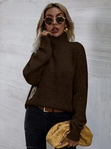 SHEIN LUNE Jersey de cuello cisne de hombros caídos - Marrón Chocolate - Ver 4