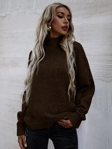 SHEIN LUNE Jersey de cuello cisne de hombros caídos - Marrón Chocolate - Ver 5
