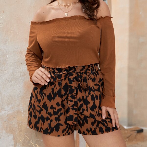 

Plus Off Shoulder Crop Top & Allover Print Belted Shorts, Multicolor