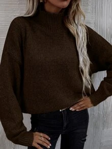 SHEIN LUNE Jersey de cuello cisne de hombros caídos - Marrón Chocolate - Ver 6
