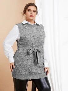 SHEIN 大碼麻花編織腰帶不帶襯衫毛衣背心 - 灰色 - 查看 5