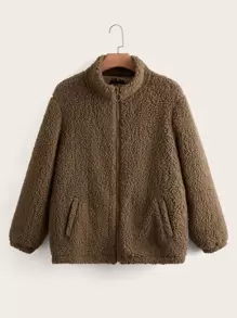 SHEIN 大碼斜口袋金屬圓環前拉鏈泰迪夾克 - 摩卡棕 - 查看 1