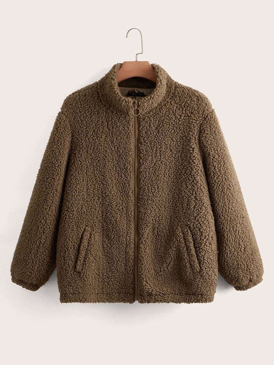 SHEIN 大碼斜口袋金屬圓環前拉鏈泰迪夾克 - 摩卡棕 - 查看 1