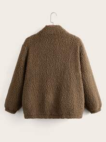 SHEIN 大碼斜口袋金屬圓環前拉鏈泰迪夾克 - 摩卡棕 - 查看 2