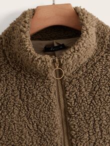 SHEIN 大碼斜口袋金屬圓環前拉鏈泰迪夾克 - 摩卡棕 - 查看 4