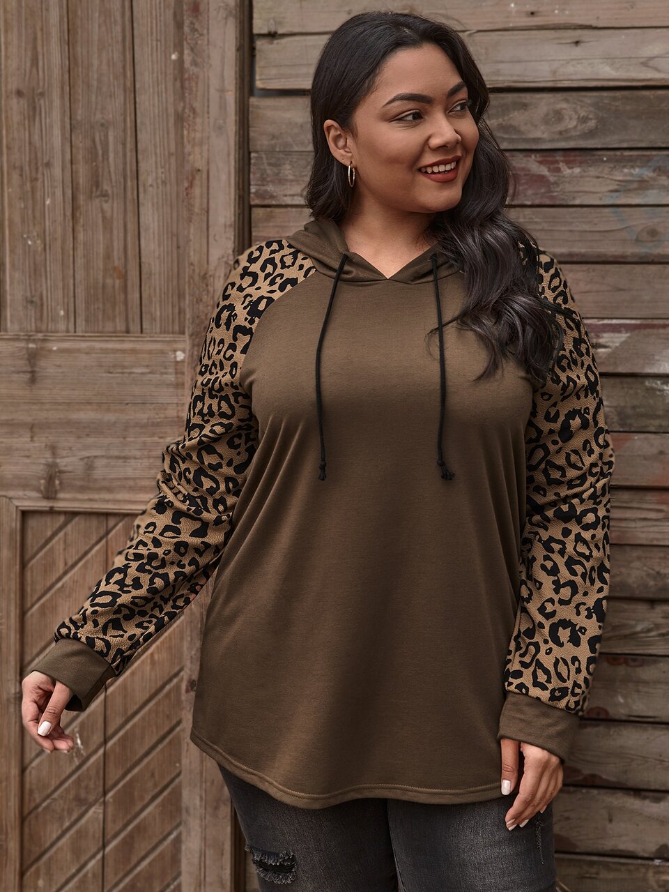 Plus Size Leopard Print Drawstring Sweatshirt, Spring Fall