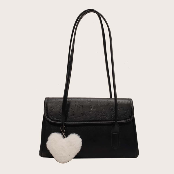 

Heart Decor Cartoon Graphic Flap Square Bag, Black