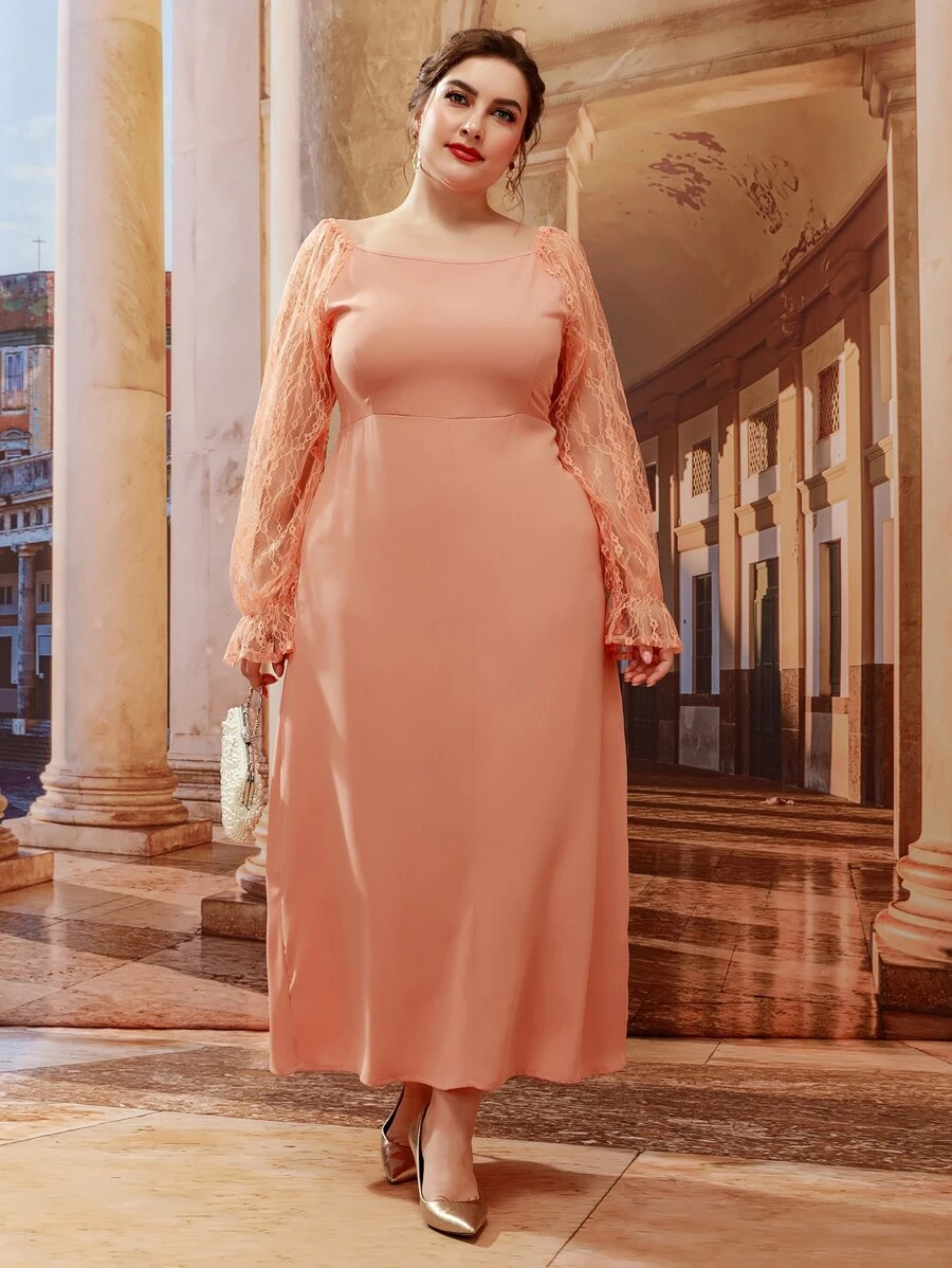 Modelyn Đầm Plus Size Tương phản ren màu trơn Hấp dẫn - Hồng - Xem 1