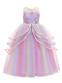 大女童正裝，彩色薄紗層和緞面面料，適合學校表演 - 彩色 - 查看 1