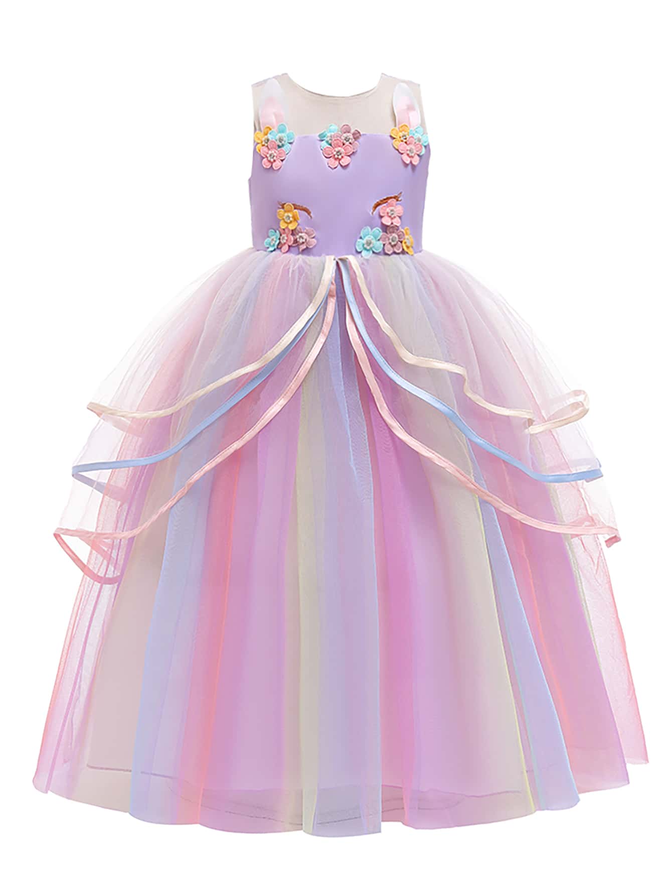 大女童正裝，彩色薄紗層和緞面面料，適合學校表演 - 彩色 - 查看 1