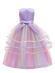 大女童正裝，彩色薄紗層和緞面面料，適合學校表演 - 彩色 - 查看 2