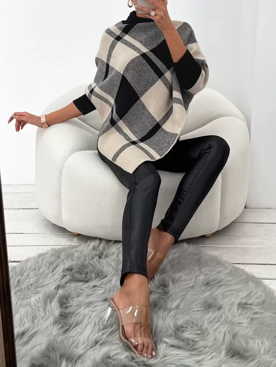 SHEIN LUNE Mock Neck Plaid Knit Poncho Knit Pullover Fall Winter - Multicolor - View 1