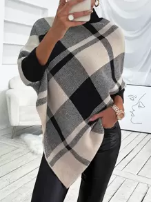 SHEIN LUNE Mock Neck Plaid Knit Poncho Knit Pullover Fall Winter - Multicolor - View 3