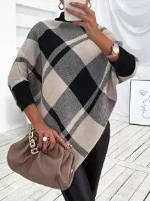 SHEIN LUNE Mock Neck Plaid Knit Poncho Knit Pullover Fall Winter - Multicolor - View 5