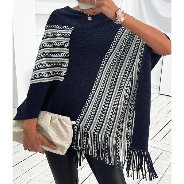 

Striped Fringe Ribbed Poncho, Multicolor