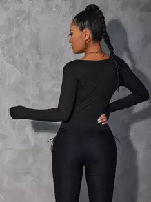 SHEIN Unity 鏤空金屬戒指前收褶短款上衣 - 黑色 - 查看 2