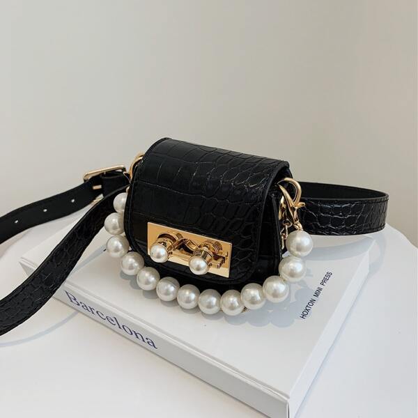 

Faux Pearl Decor Croc Embossed Belt Bag, Black
