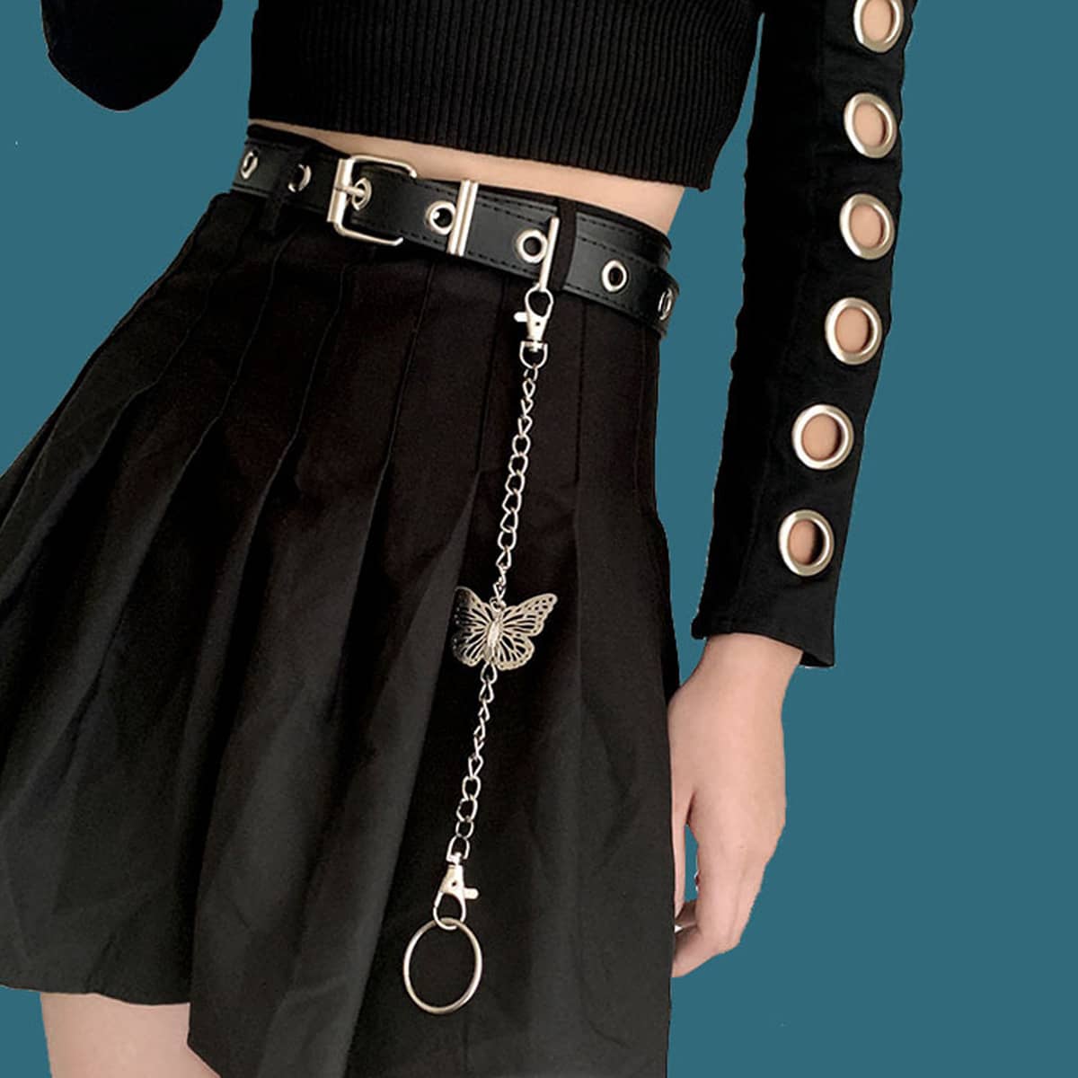 

Butterfly Decor Pants Chain & Eyelet Decor Belt, Multicolor